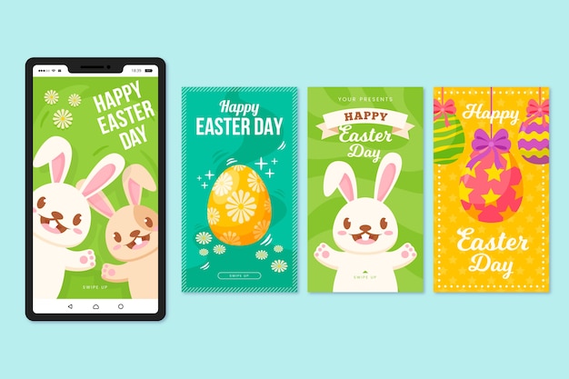 Storie di instagram del giorno di pasqua con uova colorate e coniglietti felici