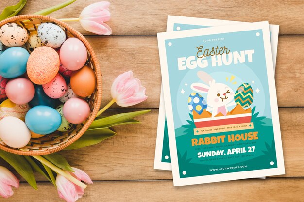 Easter egg hunt party poster and flowers