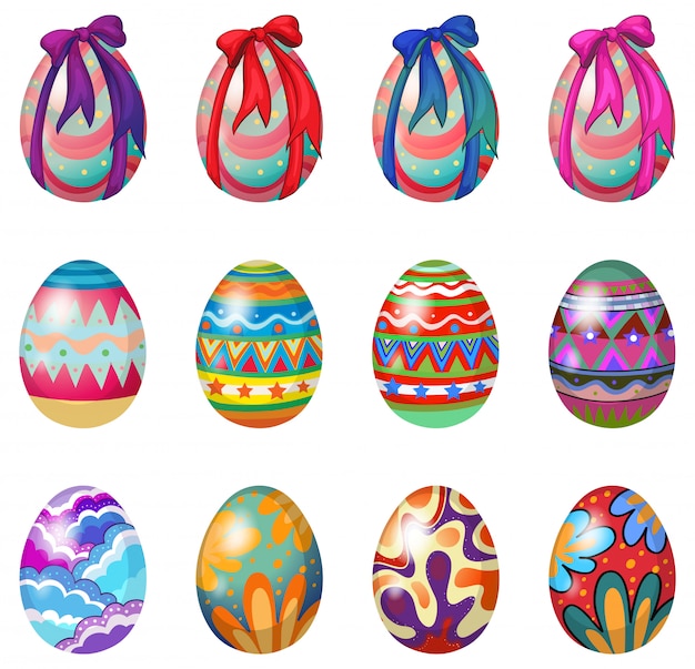 Vettore gratuito uova di pasqua con disegni e nastri