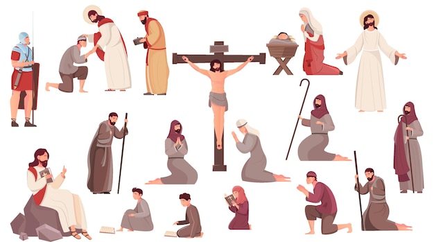 Пасхальные плоские иконы с распятием, воскресением и рождением Иисуса Христа и молящимися людьми, изолированными на белом фоне векторной иллюстрации