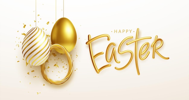 Easter greeting background with realistic golden, blue, white easter eggs. vector illustration eps10