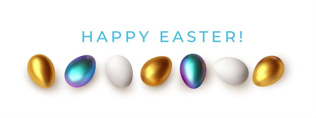 Easter greeting background with realistic golden, blue, white Easter eggs. Vector illustration EPS10