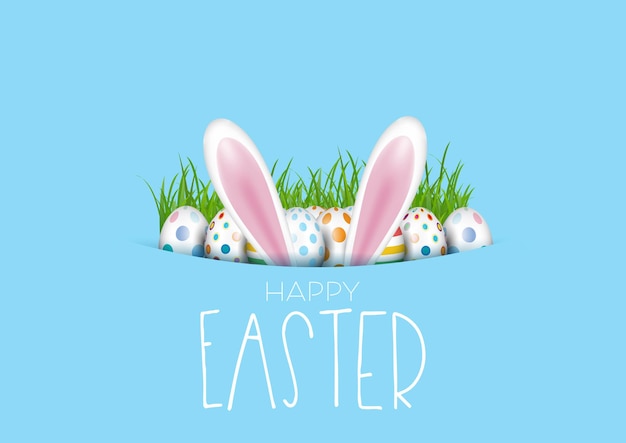 Бесплатное векторное изображение Пасхальная открытка с яйцами и кроличьими ушками