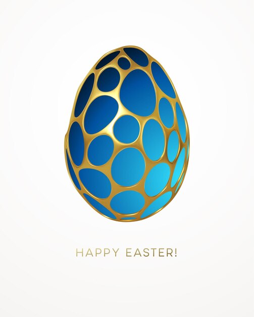 Easter greeting card with an image of an Easter egg in a golden organic realistic 3d grid pattern. Jewelry decoration. Luxury ornament. Vector illustration EPS10
