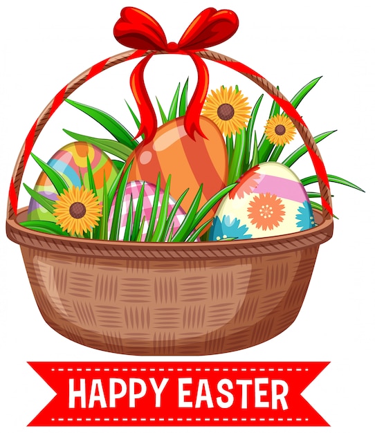 easter greeting card with painted eggs in basket