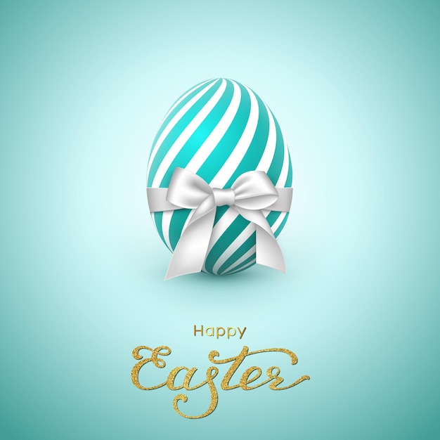 Поздравительная открытка праздника пасхи. блеск надписи, реалистичное яйцо с белым бантом.