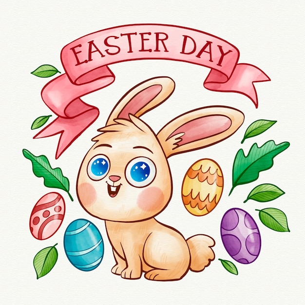 Easter holiday watercolor and bunny with blue eyes