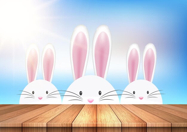 Easter illustration with cute bunnies looking over a wooden table