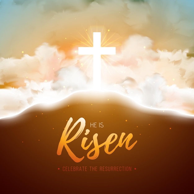 Easter illustration with heavenly light on cloud background he\
is risen christian religious design