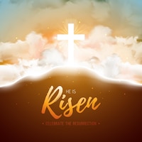 Easter illustration with heavenly light on cloud background he is risen christian religious design