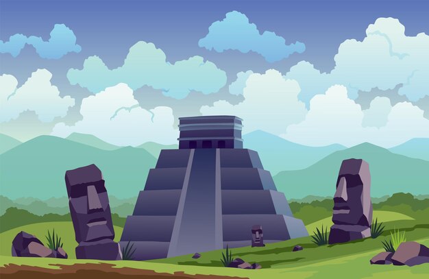Остров пасхи. путешественник у древних пирамид майя или статуй моаи. знаменитый баннер местоположения пейзаж путешествия. туризм и отдых тропический фон.