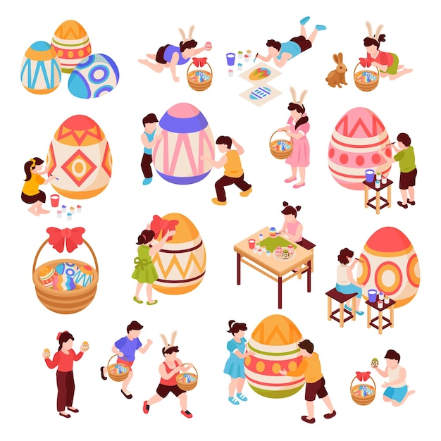 Бесплатное векторное изображение Пасхальные изометрические цветные иконки набор детских персонажей, рисующих большие яйца на белом фоне, изолированные векторные иллюстрации