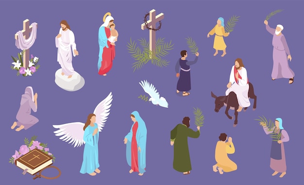 Free vector easter isometric set with characters of jesus christ and virgin mary isolated on color background 3d vector illustration