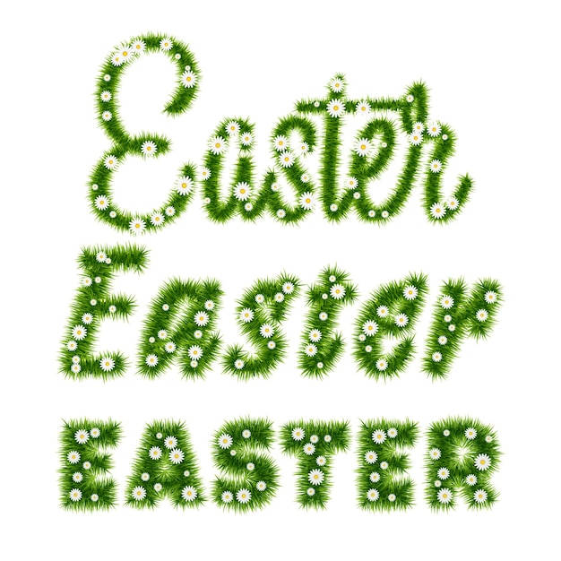 Easter lettering template with grass and flowers. vector illustration eps10