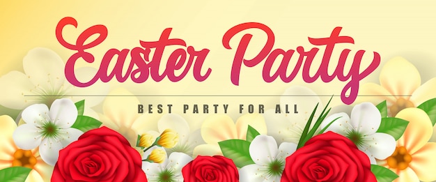 Easter party best party for all lettering with spring flowers on orange background.