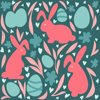 Easter pattern with eggs, rabbits and hearts. happy easter design in pastel colors. modern design.