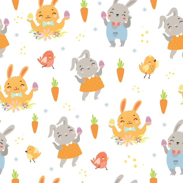 Free vector easter pattern with hares and carrots