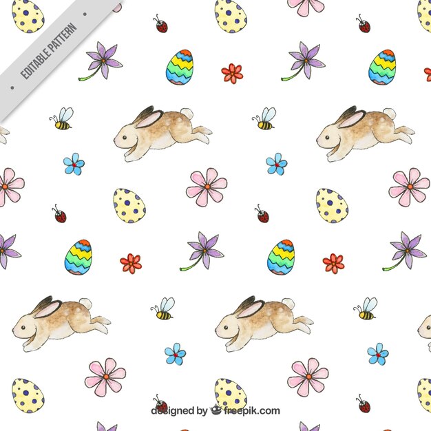 Easter pattern with rabbits and eggs in watercolor style