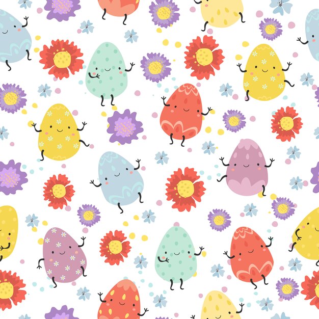 easter seamless pattern with cute eggs and flowers