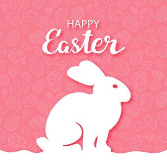 부활절 간단한 엽서입니다. 계란 패턴으로 빨간색 배경에 프로필에 토끼의 개요. 축하 비문과 함께. 당신의 디자인을 위해.