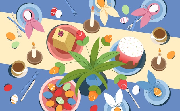 Вид на пасхальный стол с традиционным праздничным тортом и сладким творожным десертом на синей скатерти. Кроличьи уши с разноцветными крашеными яйцами в тарелках в плоском стиле. Концепция празднования весны.