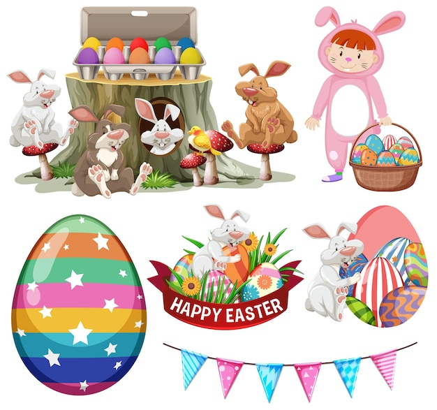 Free vector easter theme with bunny and eggs