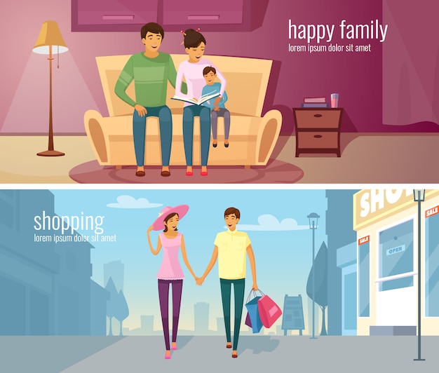 Free vector eastern people two horizontal banners with young couple in modern home interior and outdoor