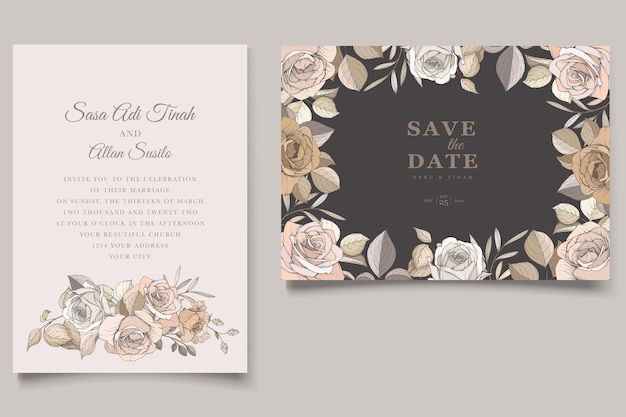 Eautiful hand drawn roses and lily wedding invitation card set