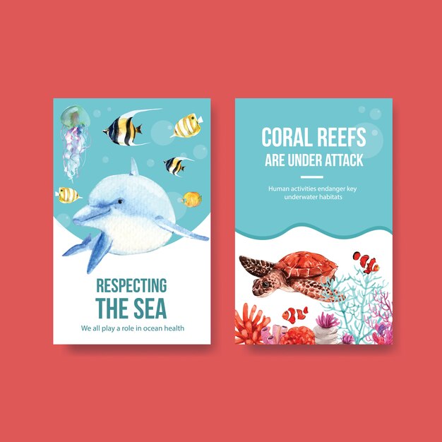 Ebook template design for World Oceans Day concept with marine animals,dolphin,fish and turtle watercolor vector