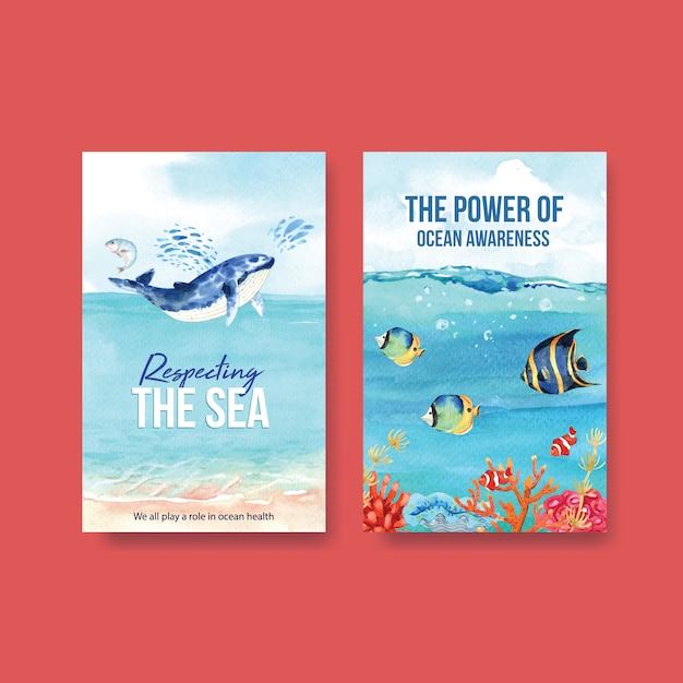 Free vector ebook template design for world oceans day concept with marine animals,whale and fishes watercolor vector