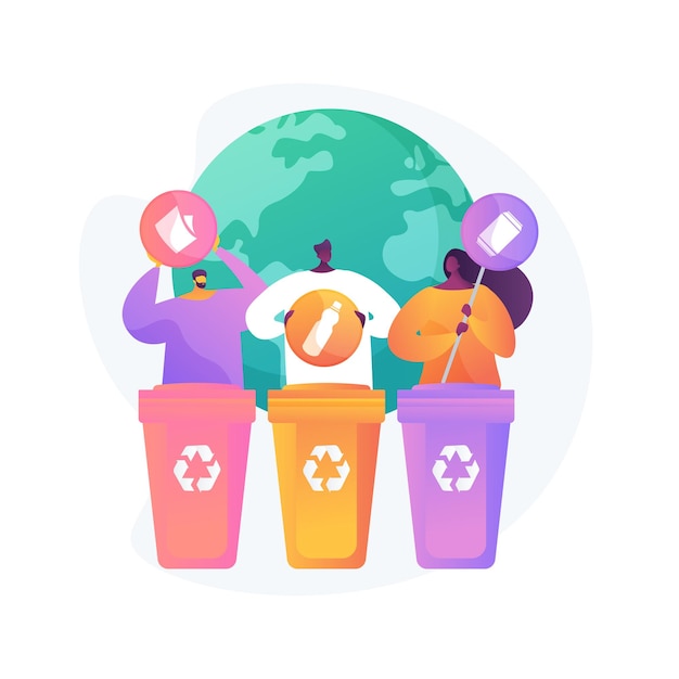 Эко-активисты сортируют мусор. Сортировка отходов. Одноразовая система. Экологическая ответственность. Контейнеры для мусора, мусорные баки, идея утилизации.
