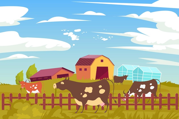 Бесплатное векторное изображение Эко-ферма, корова, плоская композиция с открытым пейзажем и мирными пасущимися животными с теплицами сельскохозяйственных построек