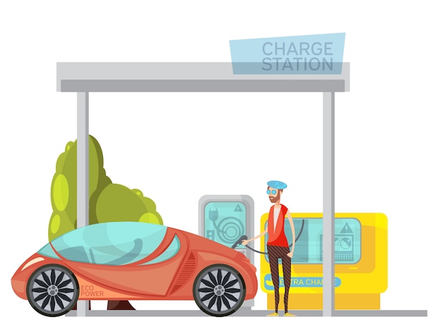 Eco friendly electric car and its owner at charge station on white background 