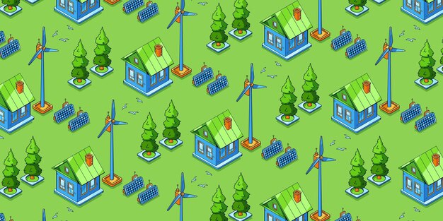 Eco friendly power generation, green energy seamless isometric pattern. House with solar panels and wind turbines, landscape with rural cottage, windmills and sun batteries 3d Vector line art ornament