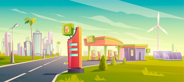 Free vector eco gas station, green city car refueling service, nature friendly petrol shop with windmills, solar panels, building and price display