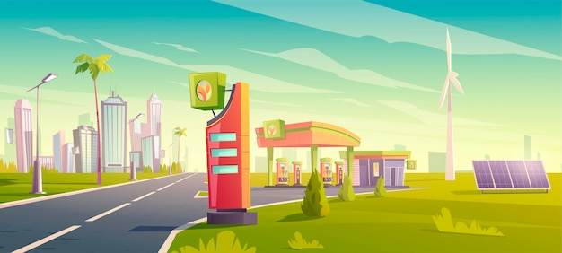 Free vector eco gas station, green city car refueling service, petrol shop with windmills, solar panels, building, price display on cityscape space, urban vehicle fuel sellings