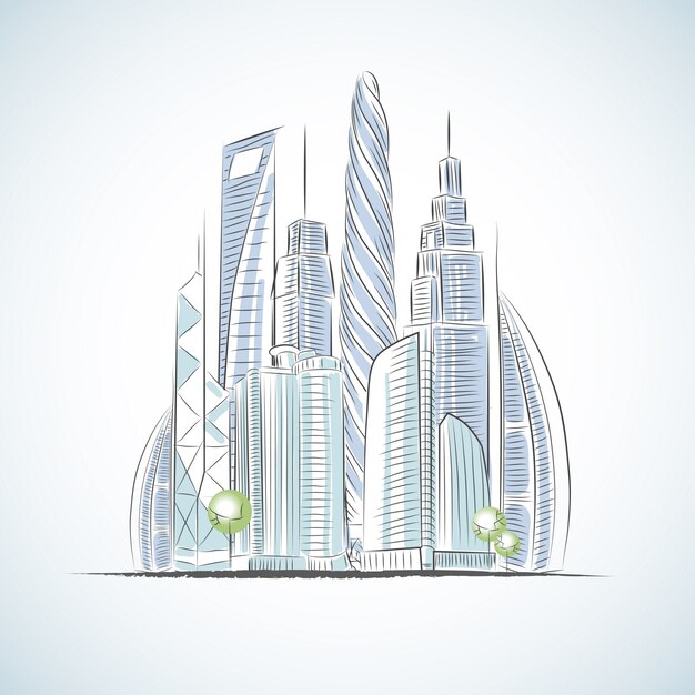 Eco green buildings icons of skyscrapers isolated sketch v