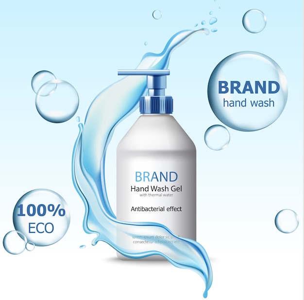Eco hand wash gel with antibacterial effect container surrounded by bubbles and flowing water