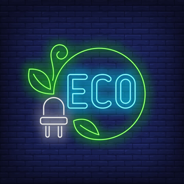 Free vector eco neon lettering and power plug with green cord and leaves.