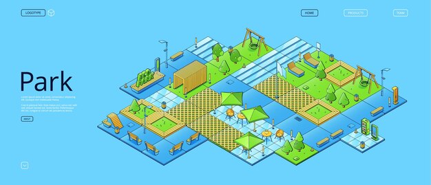 Eco park with isometric trees benches swing