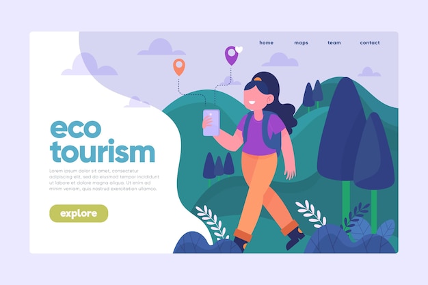 Vettore gratuito pagina di destinazione del turismo ecologico con donna