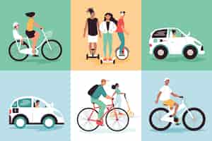 무료 벡터 자전거 스케이트보드와 전기 자동차 삽화를 타는 사람들과 함께 6개의 사각형 아이콘으로 구성된 에코 전송 디자인 개념