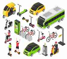 Free vector eco transport isometric set with electric car scooter bicycle segway gyro isolated decorative icons