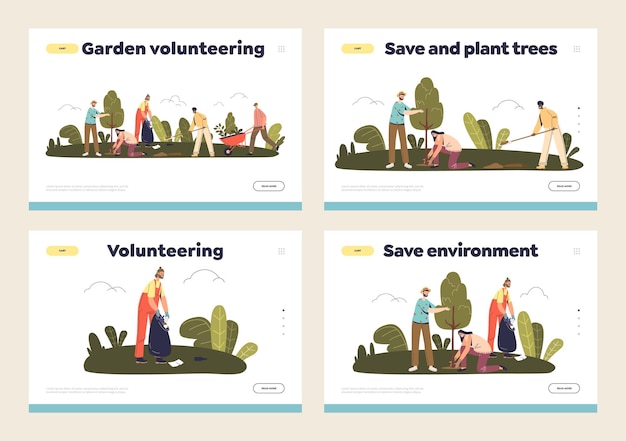 Эко-волонтерство и концепция сохранения окружающей среды на целевых страницах с волонтерами, сажающими деревья