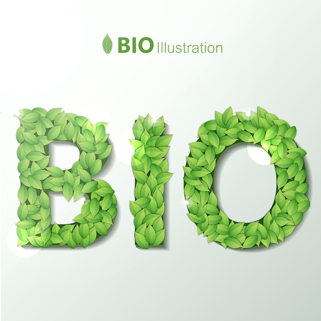 Экологический с биотекстом, написанным буквами из зеленых листьев, гирляндным шрифтом