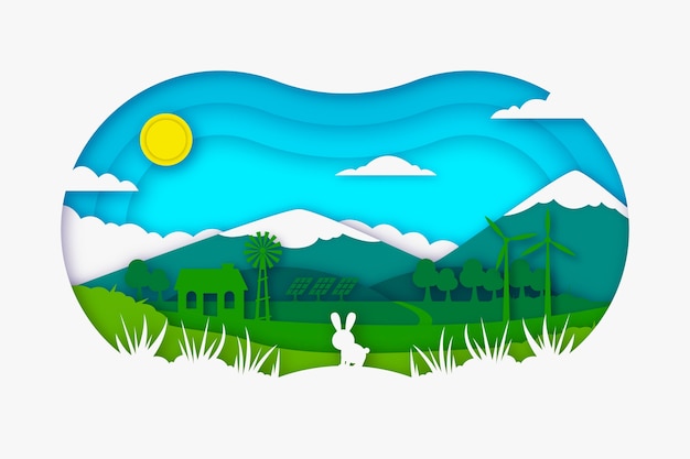 Concetto di ecologia in stile carta con coniglietto