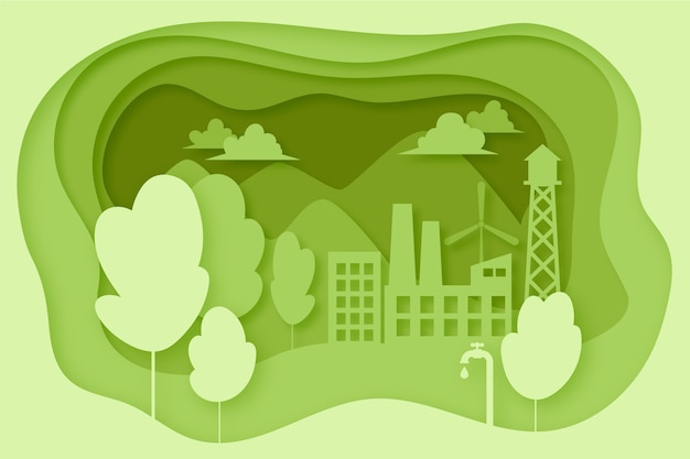 Free vector ecology concept in paper style with trees and buildings