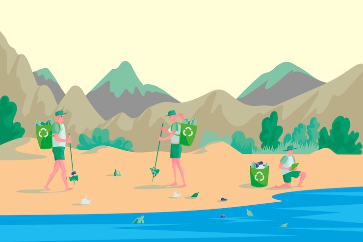 Free Vector ecology concept with people cleaning the beach