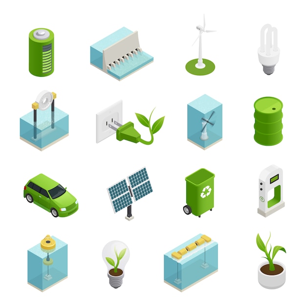 Free vector ecology  energy isometric icons set