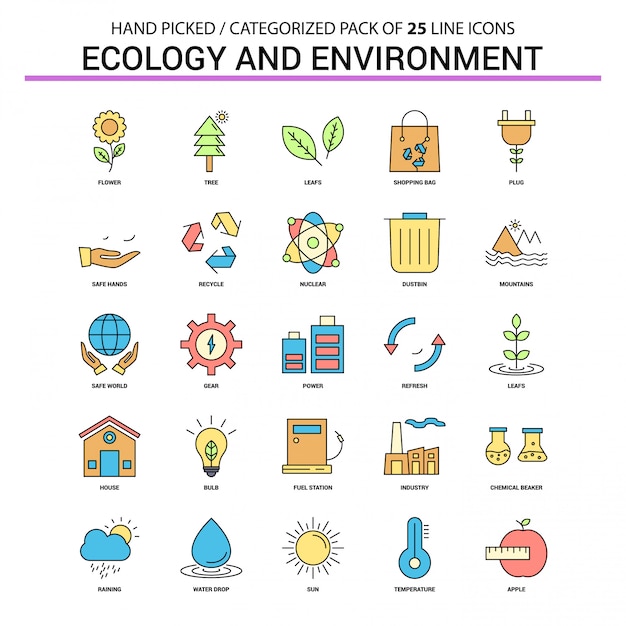 Insieme dell'icona di linea piatta ecologia e ambiente - progettazione di icone di concetto di affari